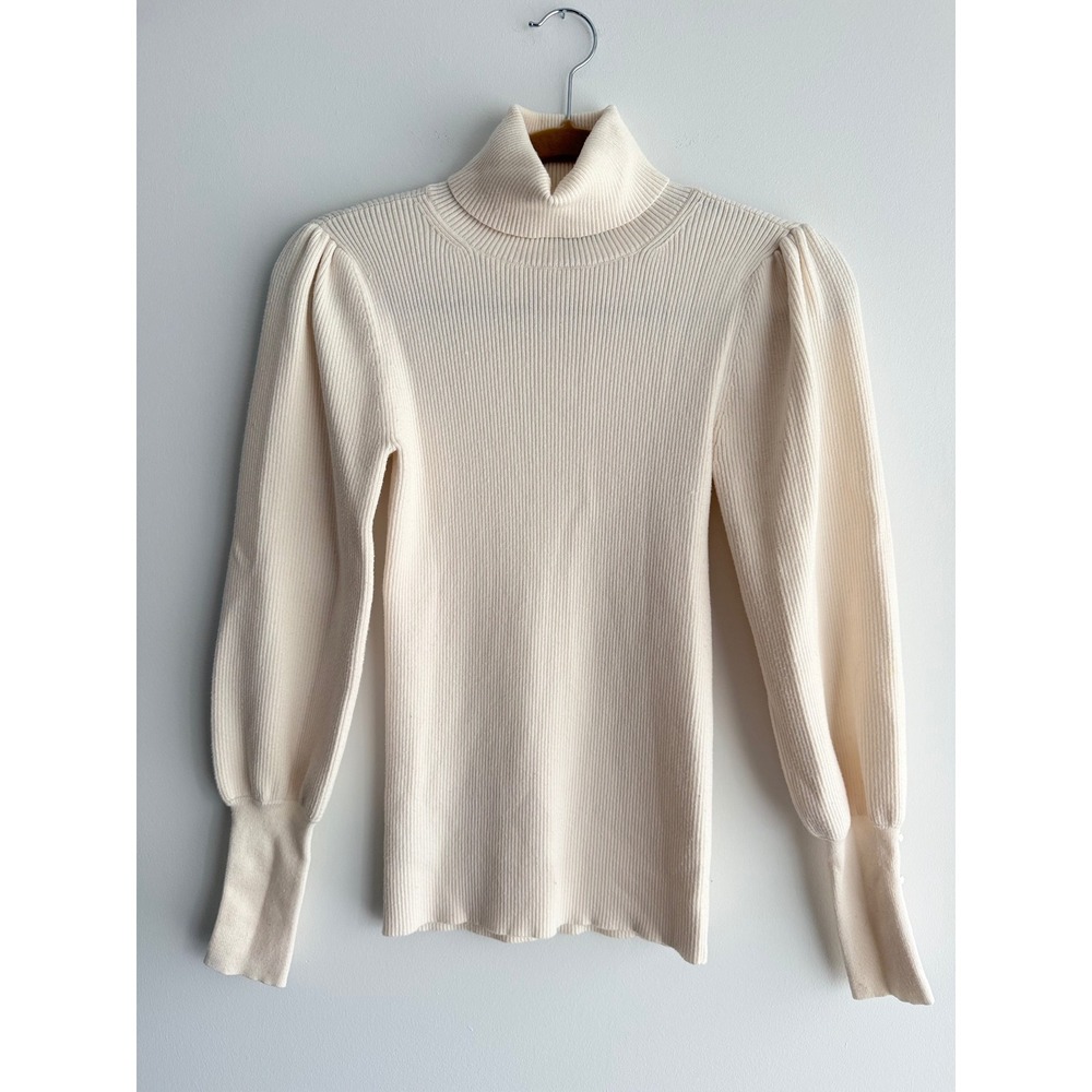 Ann Taylor Cream Ribbed Turtleneck Sweater Puff Sleeve Pearl Cuff Feminine SM
